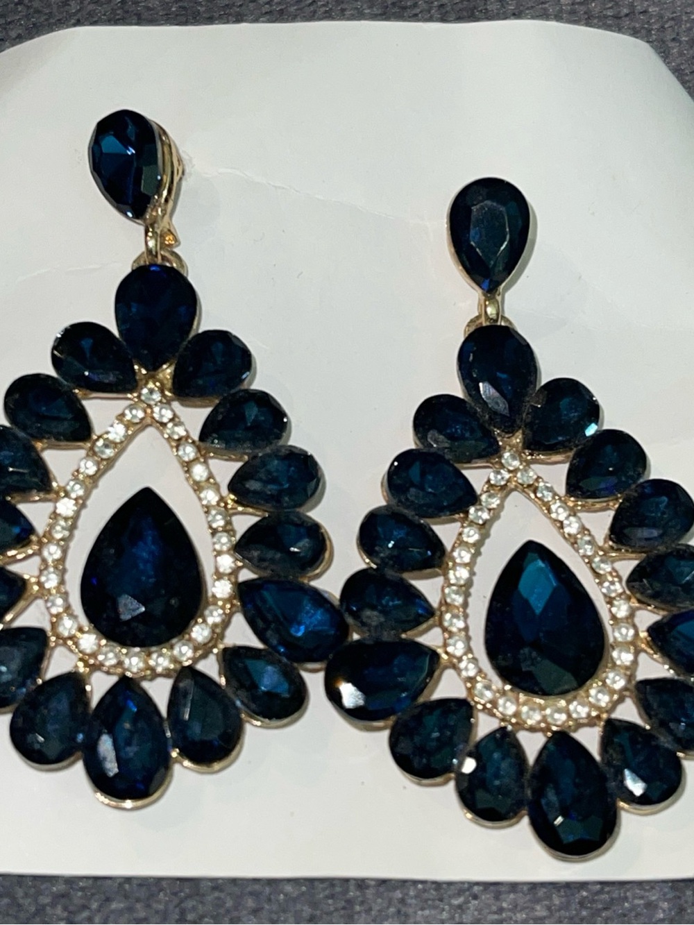 Vintage Blue Rhinestone Teardrop Dangle Earrings Gold Tone Statement Pierced